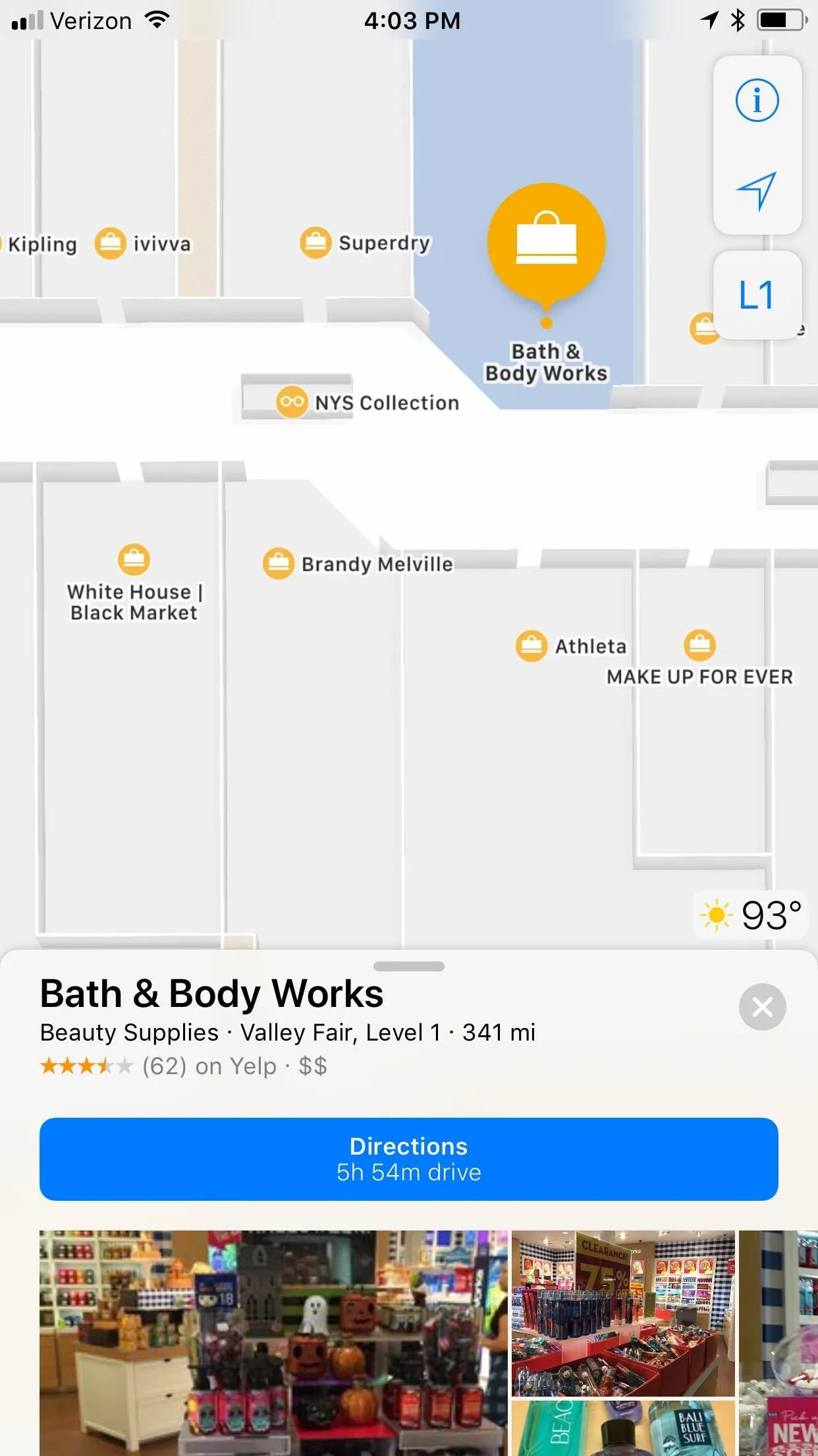 Google Maps view showing the location of a business named 'Bath & Body Works'.