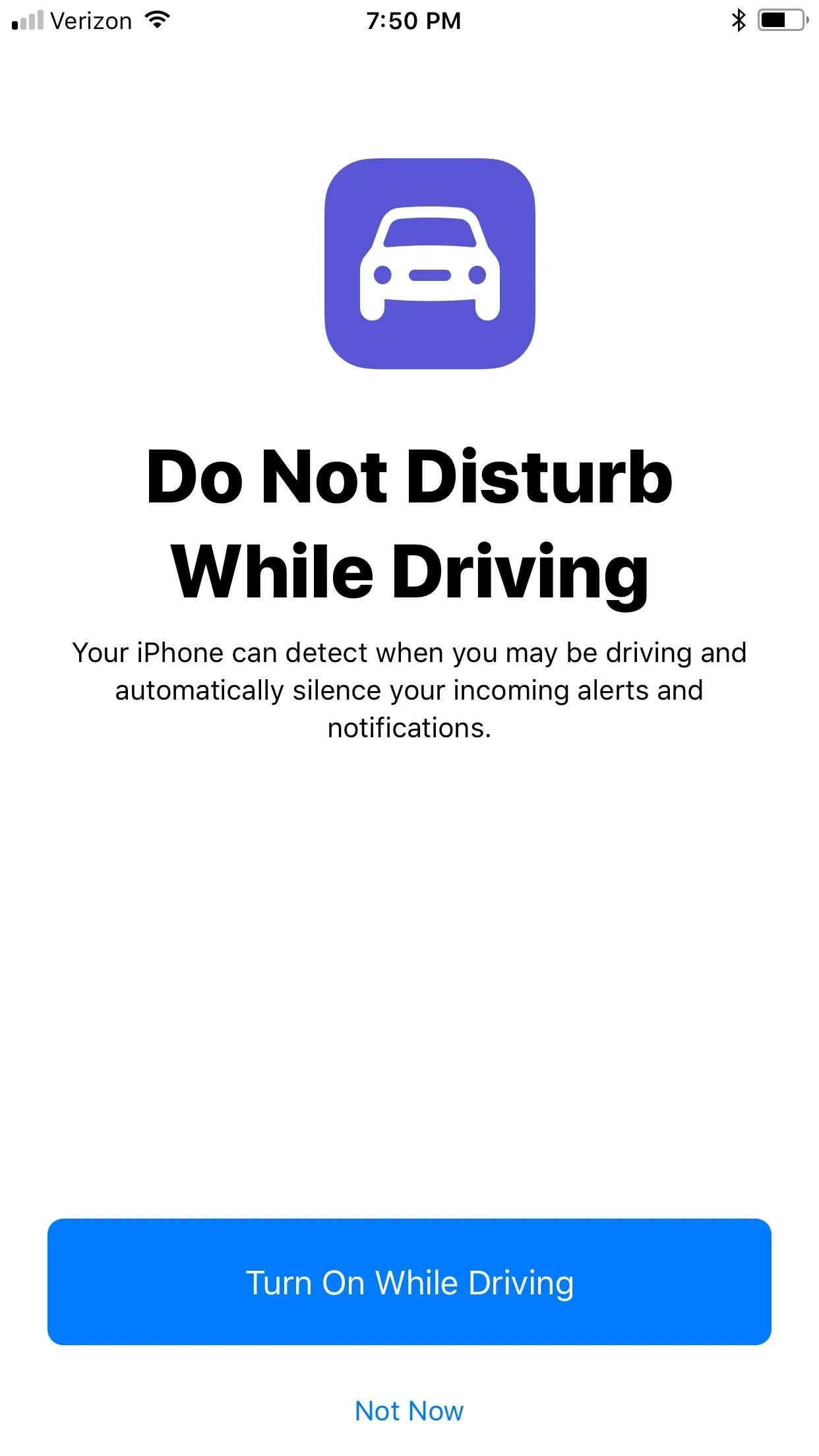 "Do Not Disturb While Driving feature screen on iPhone"