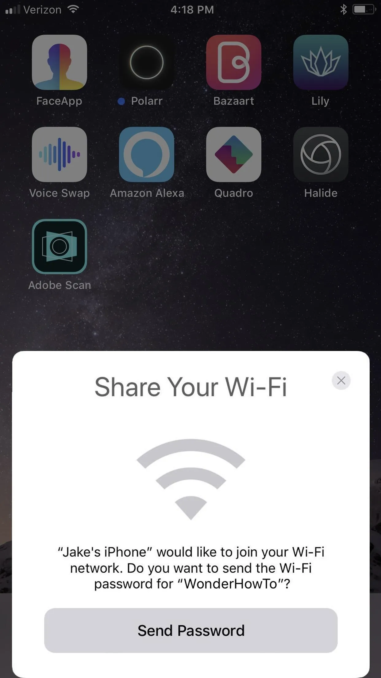 "Interface for sharing Wi-Fi password on a mobile device."