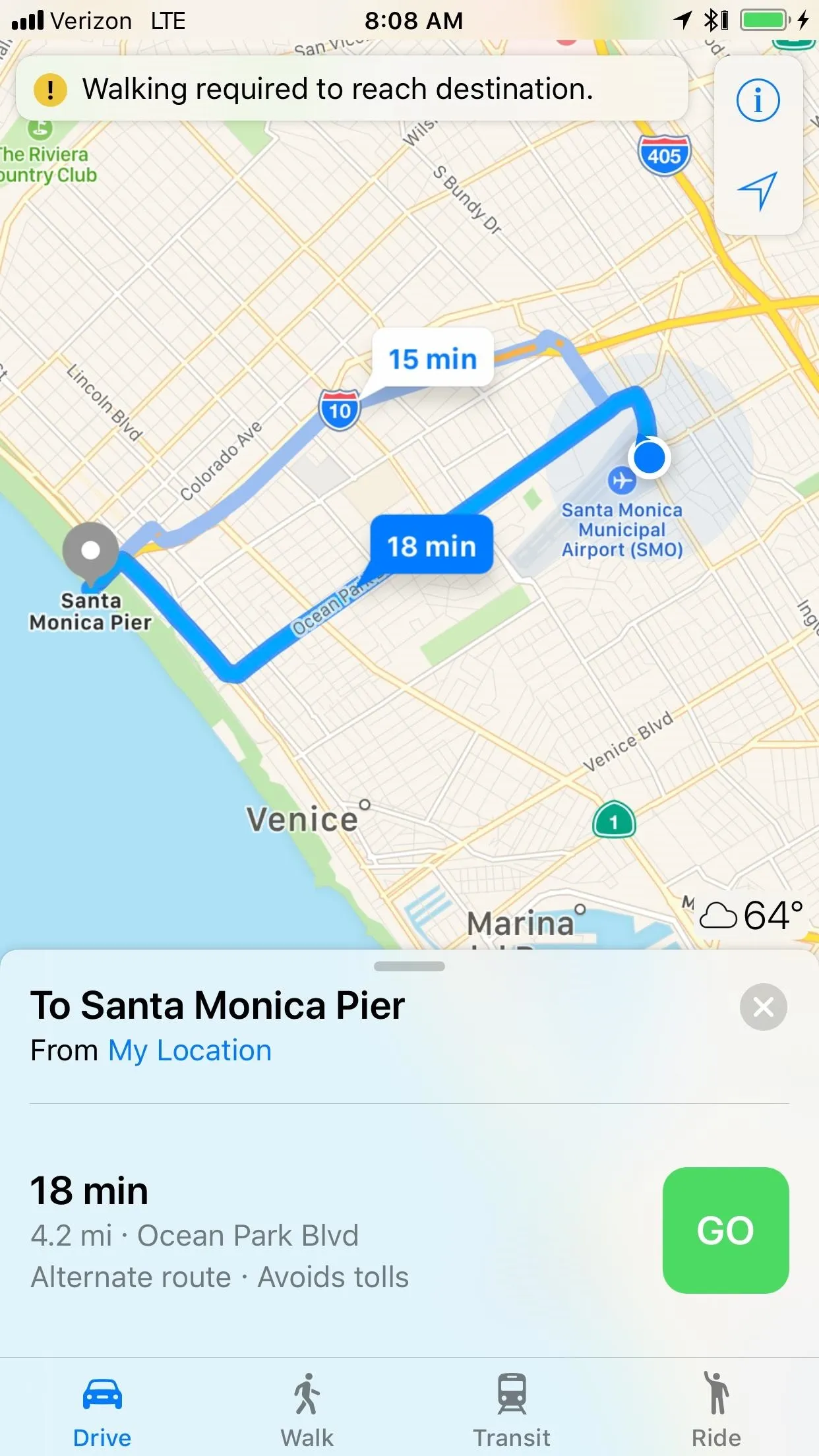 Map directions to Santa Monica Pier with estimated travel time.