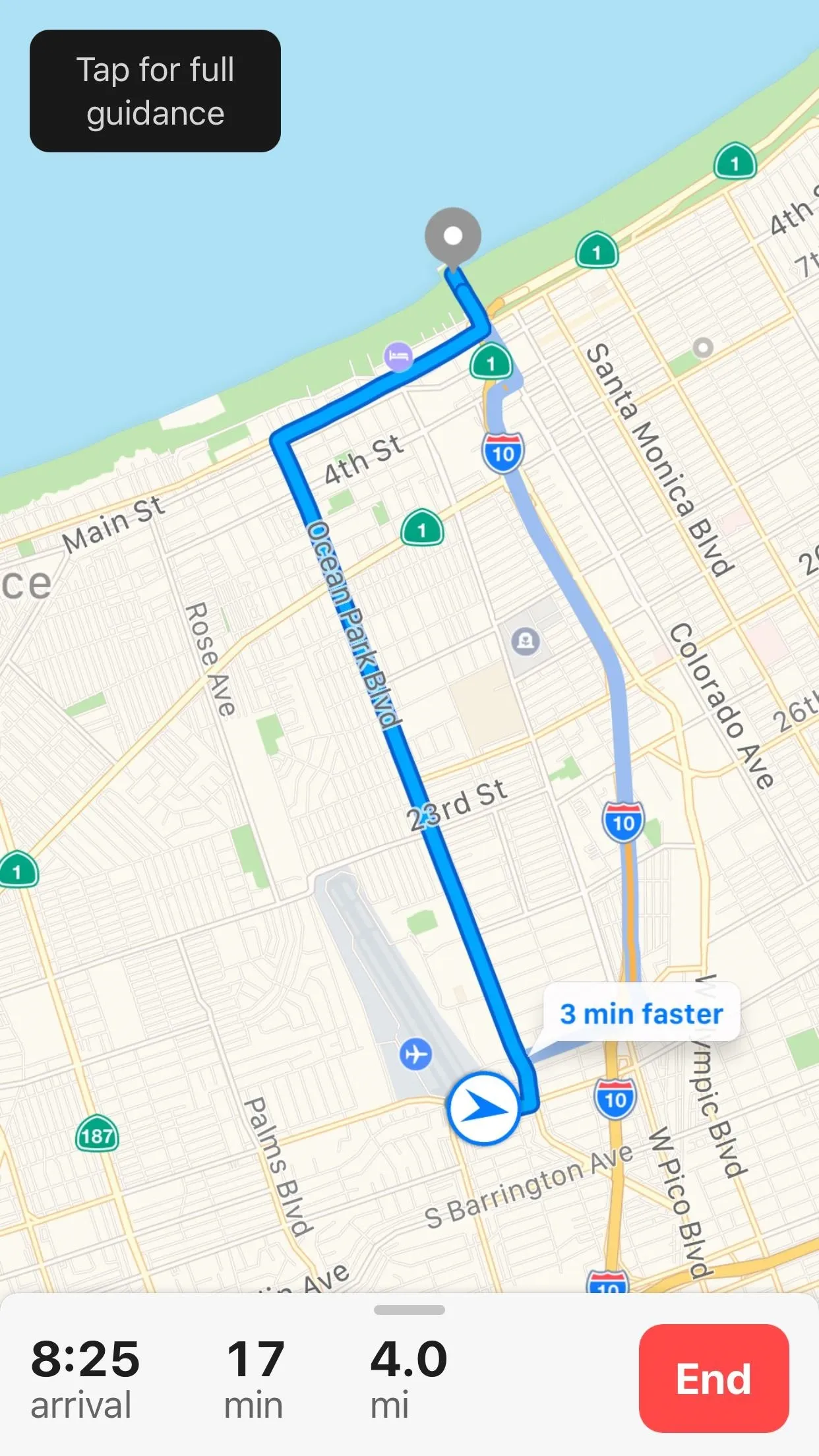 Navigation route with estimated time and distance.