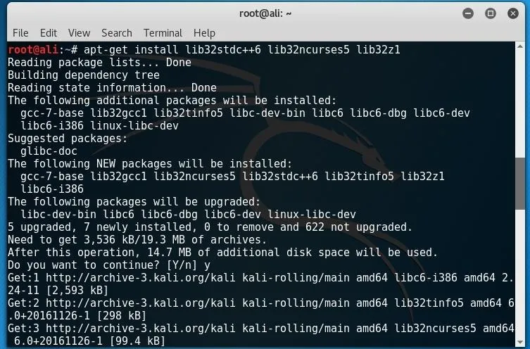 Terminal window showing Linux commands for installing and upgrading packages.