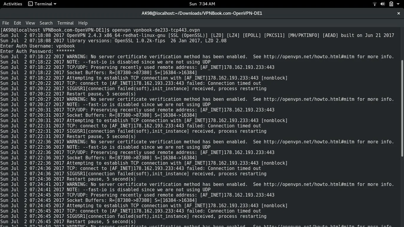 Error log from a command line interface displaying various system messages.