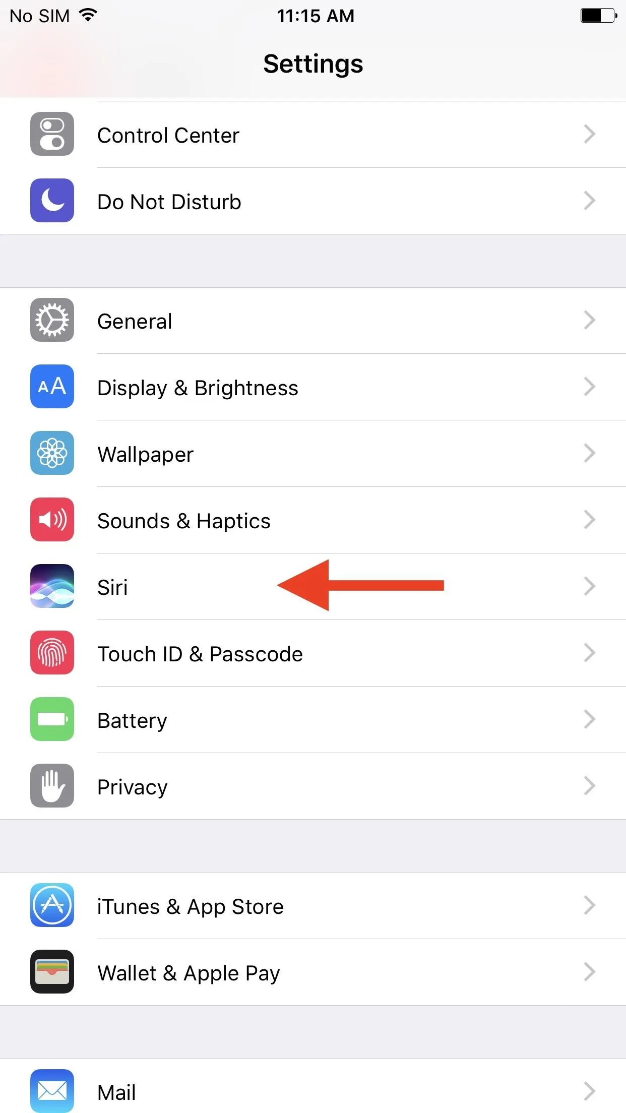 iPhone settings menu with highlighted option for "Siri."