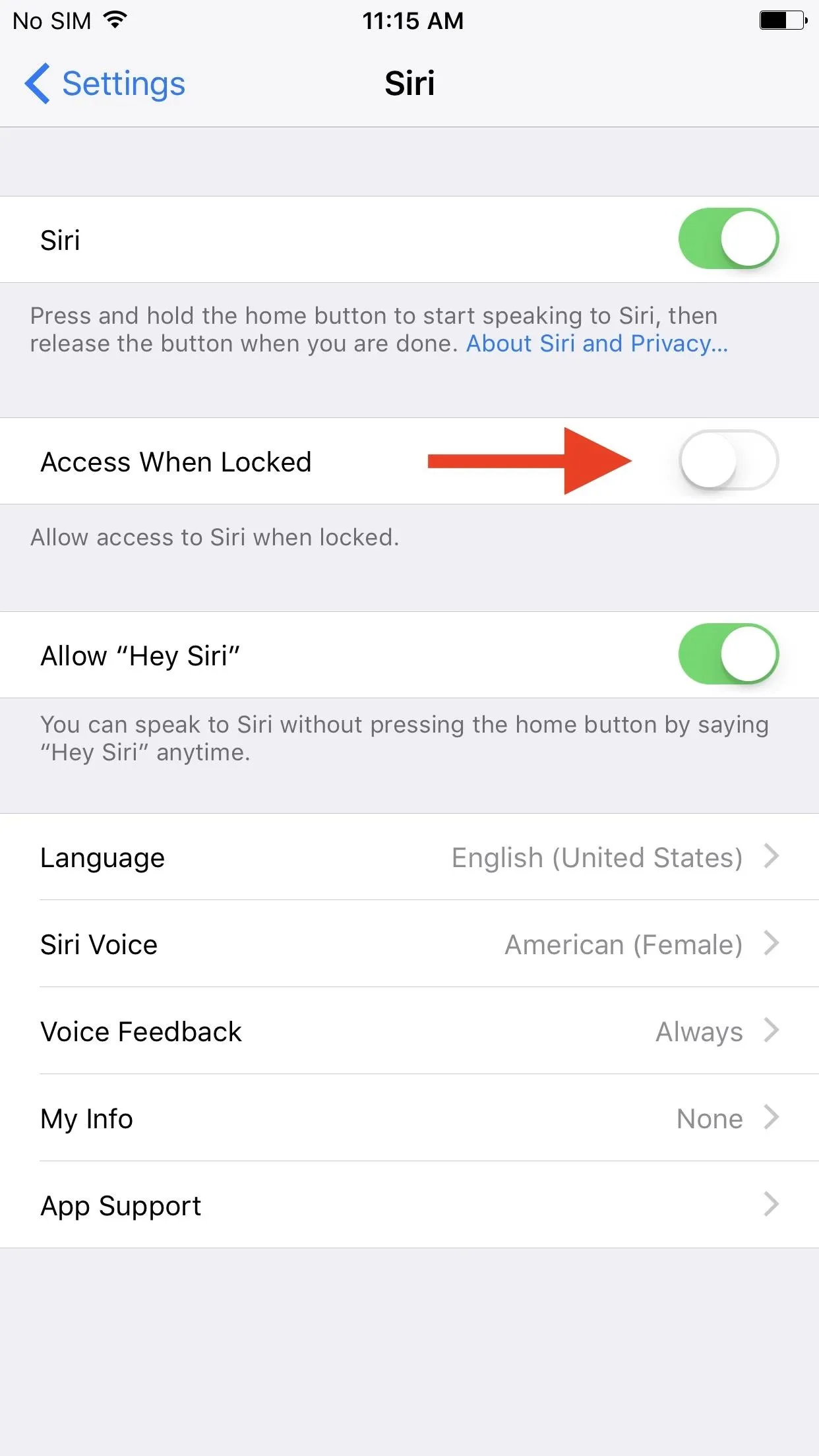 Settings menu on a smartphone displaying the "Access When Locked" option in the Siri section.