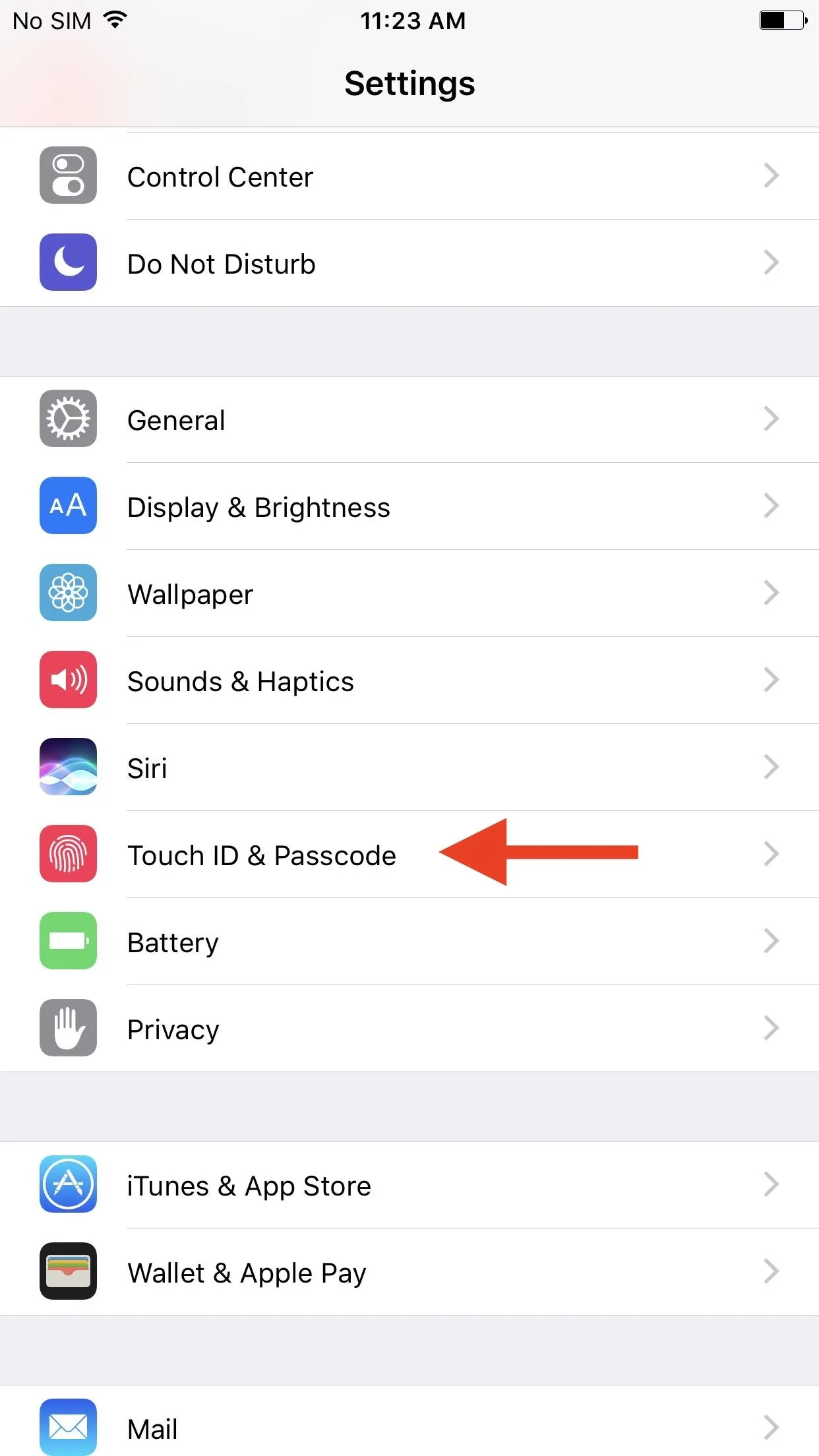 Settings menu on a mobile device, highlighting the "Touch ID & Passcode" option.