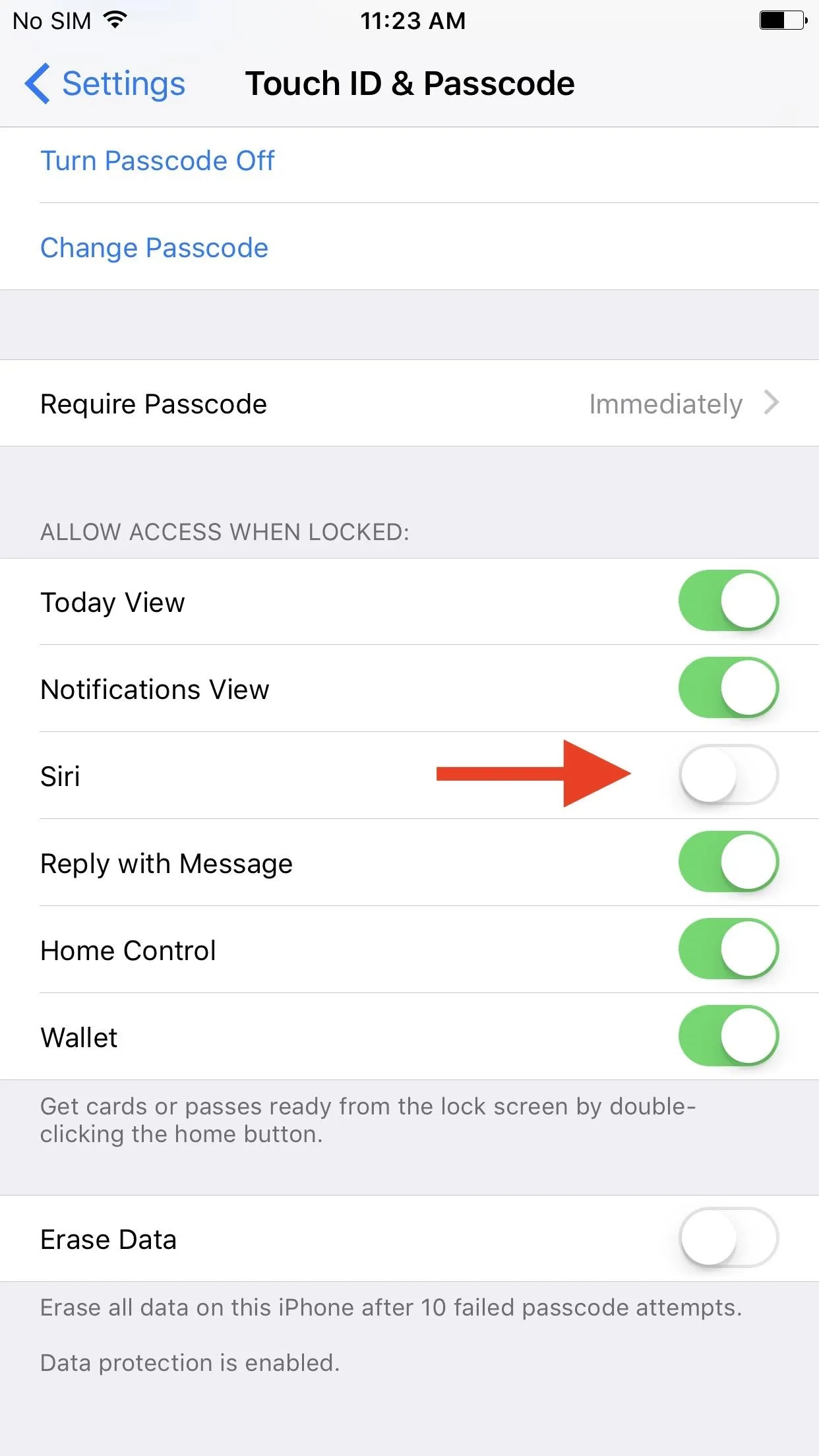 Settings menu on a mobile device showing toggle options for Touch ID, Notifications, and other features.