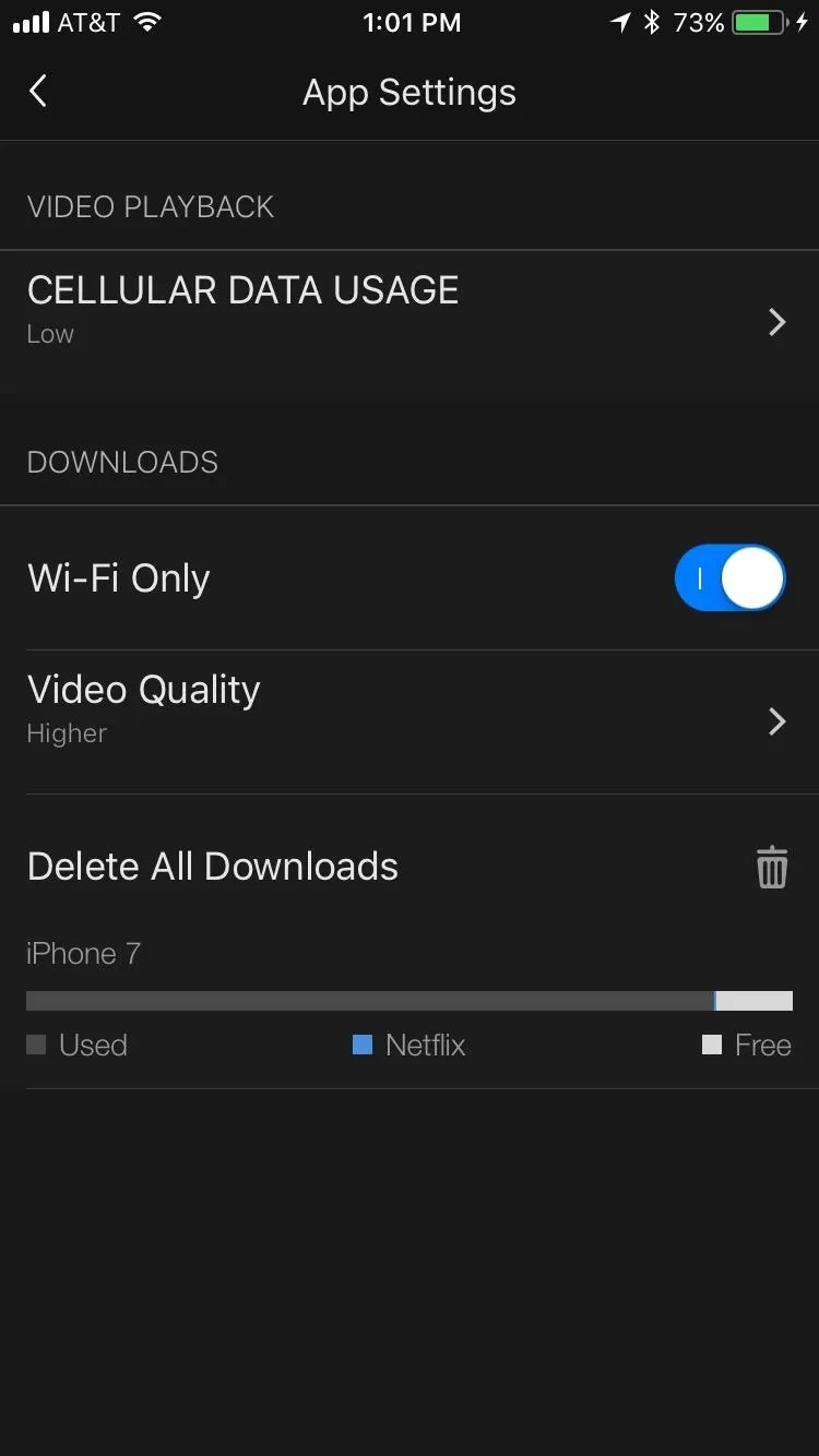 App settings menu showing options for cellular data usage and Wi-Fi only for video quality.