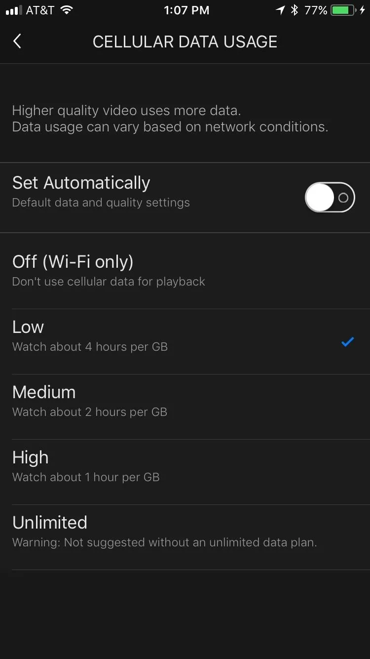 Cellular data usage settings with options for data quality settings.