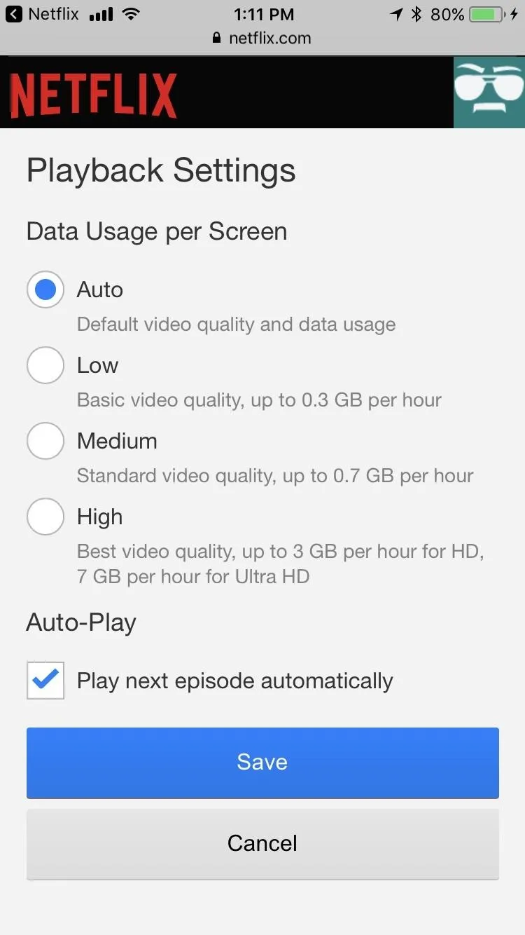 Netflix playback settings menu for data usage per screen.