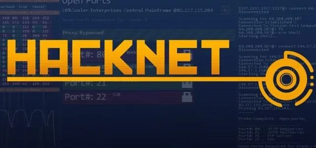 Hacknet logo with background displaying code and network data.
