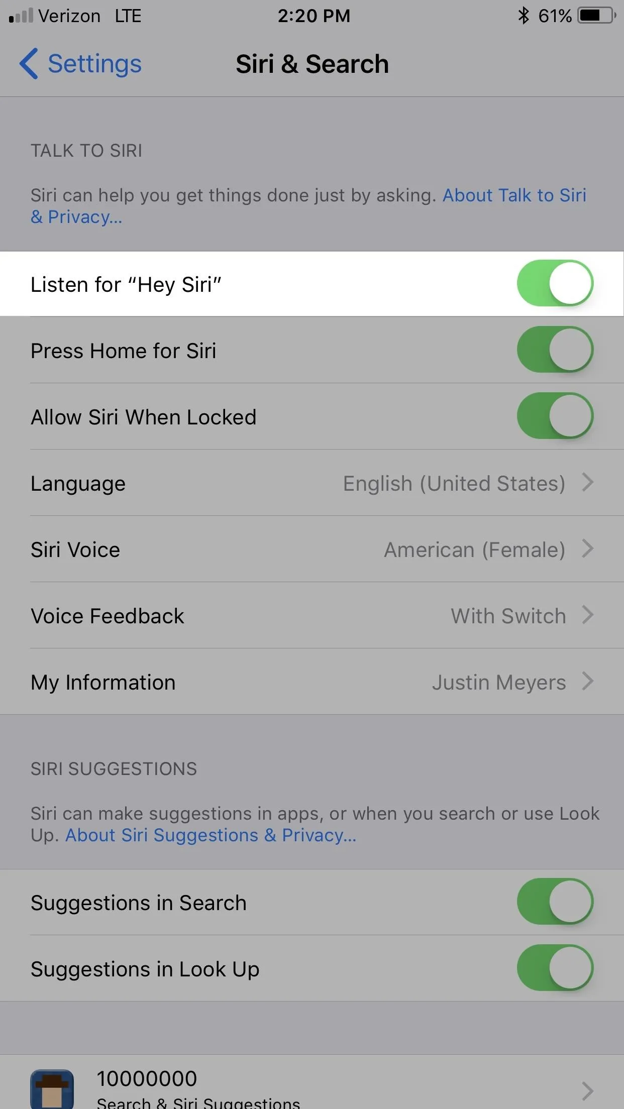 Settings menu for Siri & Search on an iPhone.