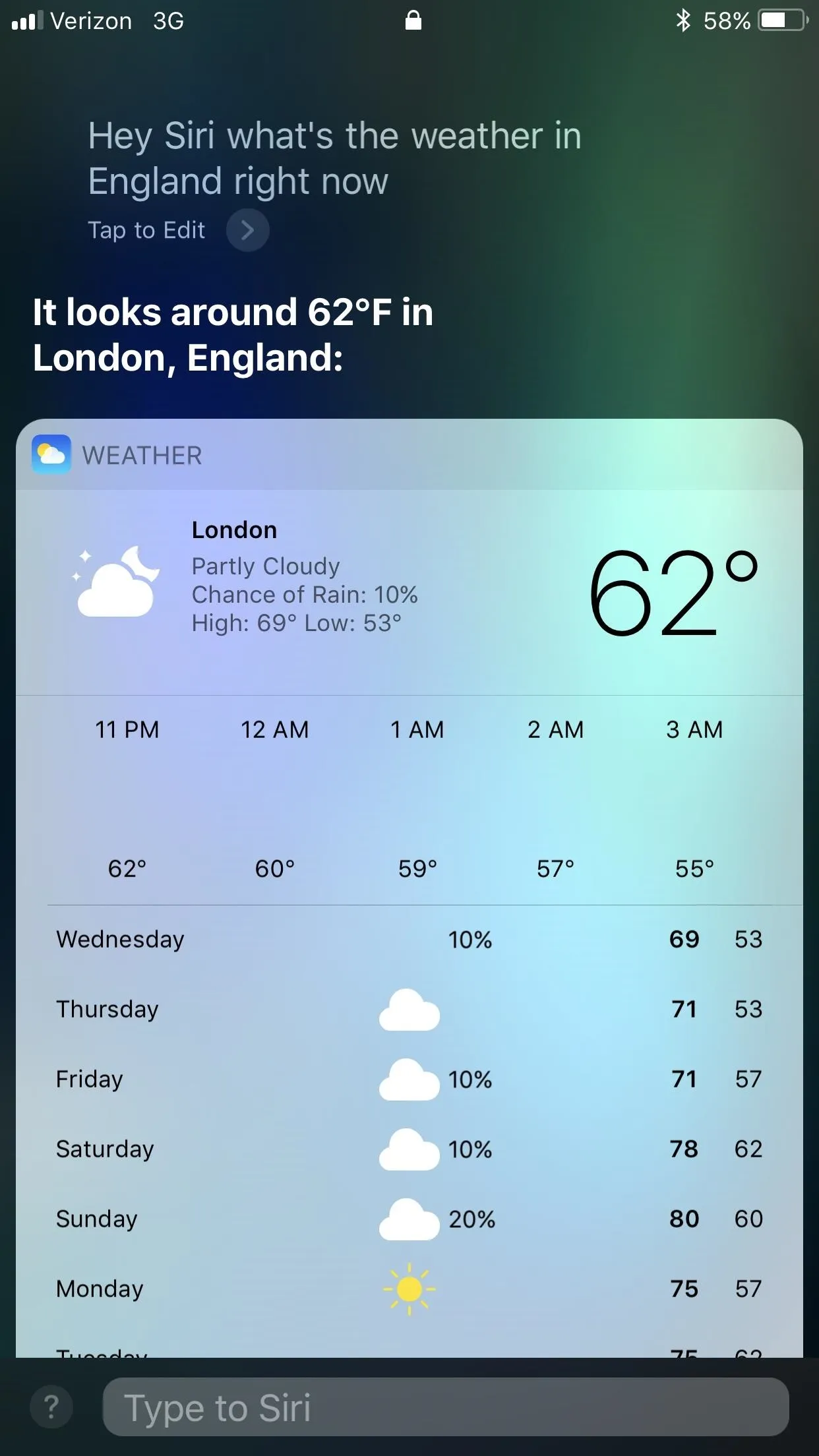 Weather forecast for London, England showing 62°F with various conditions for the week.