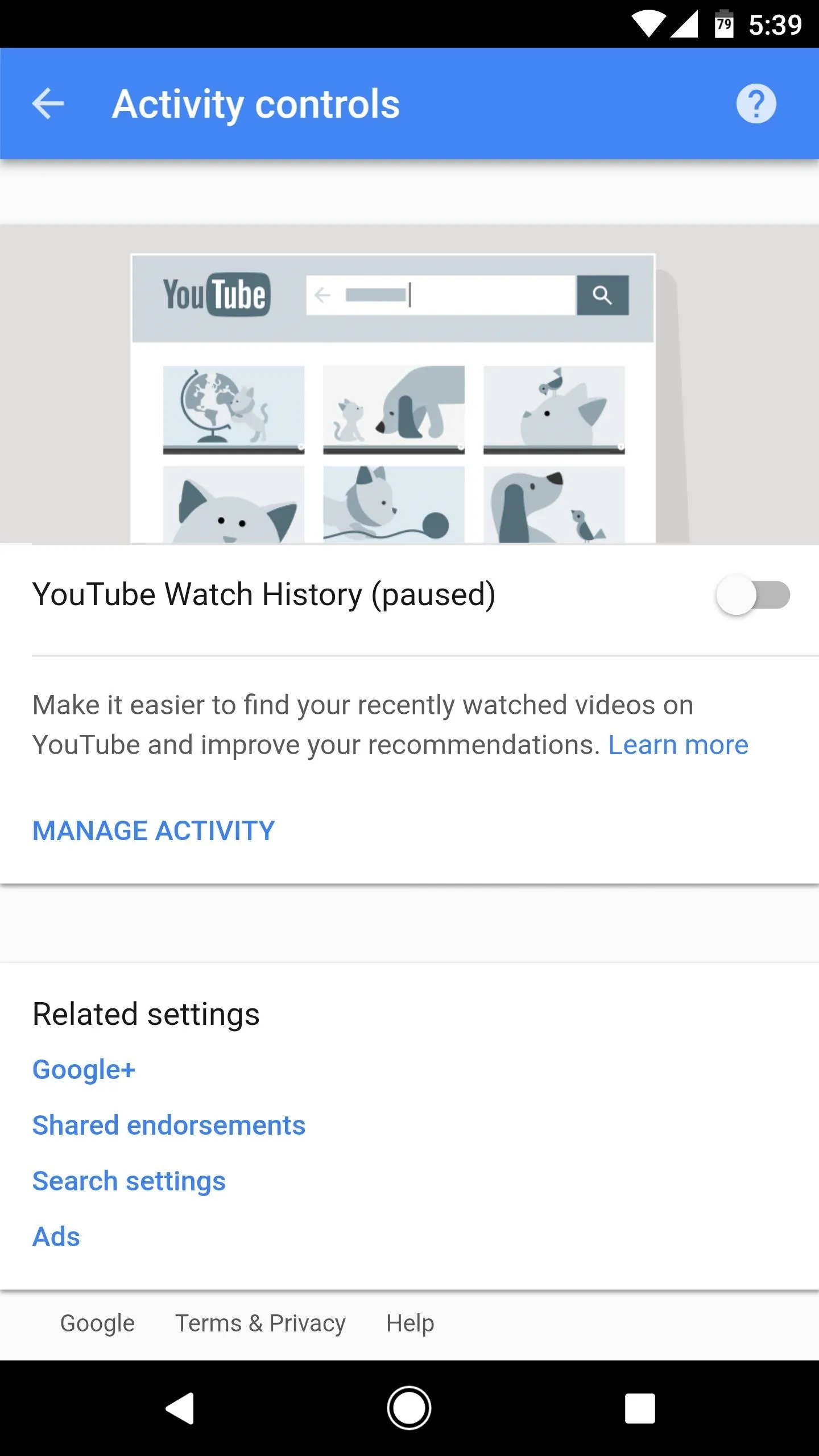 YouTube activity controls and settings overview on a mobile device.