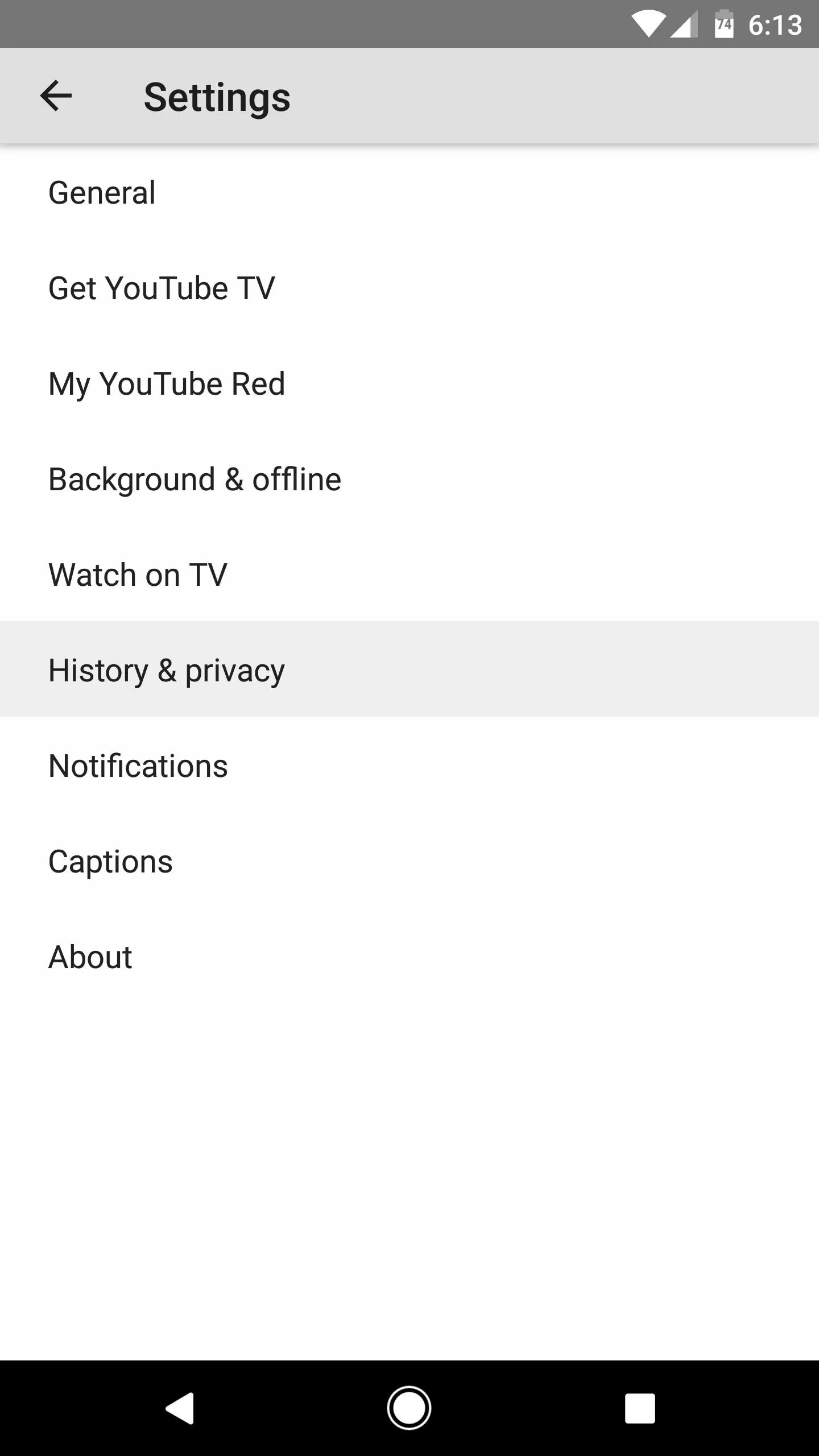 Settings menu on a mobile device displaying options for YouTube TV and related features.