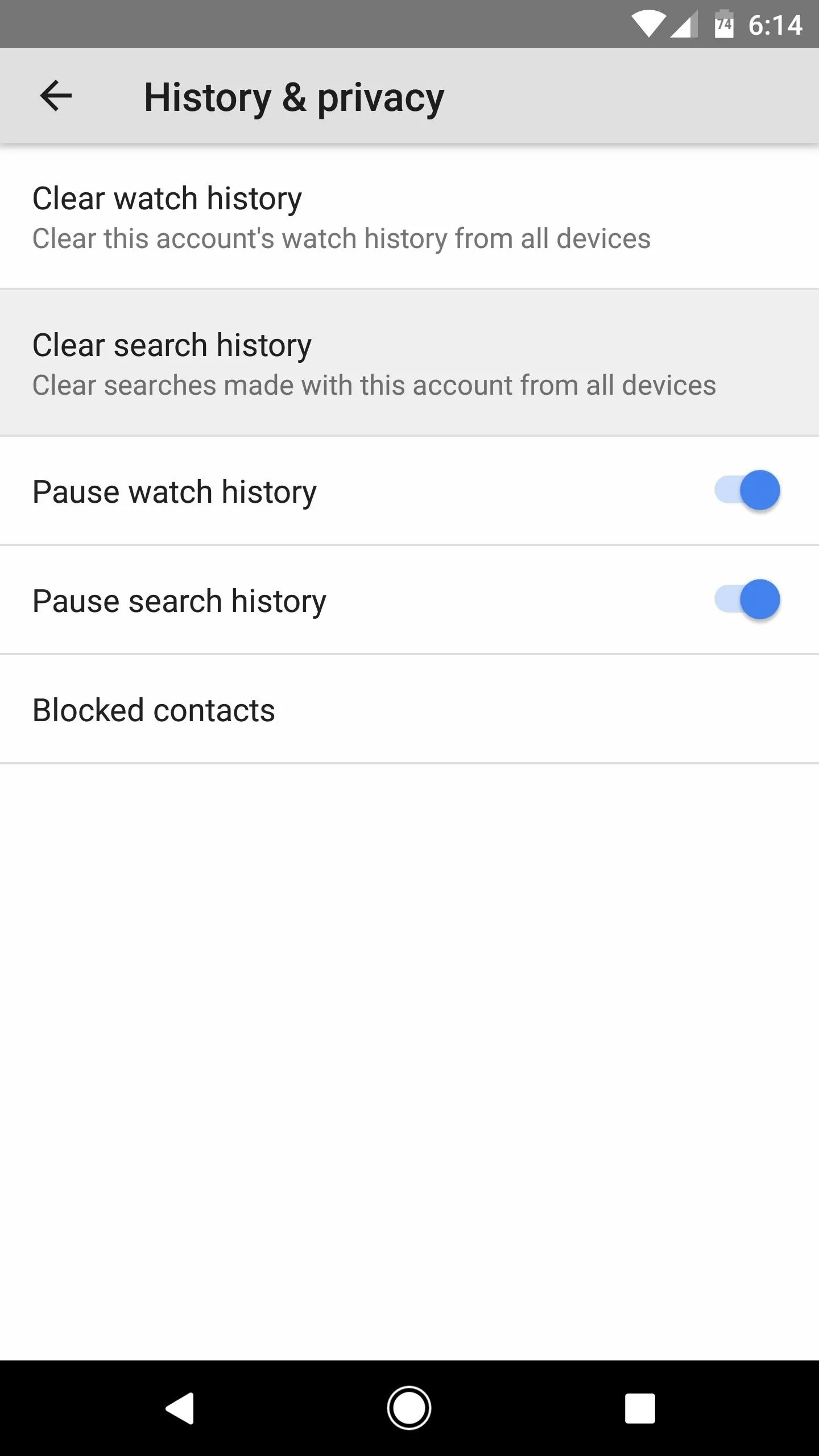 Clear search history settings on a mobile device.