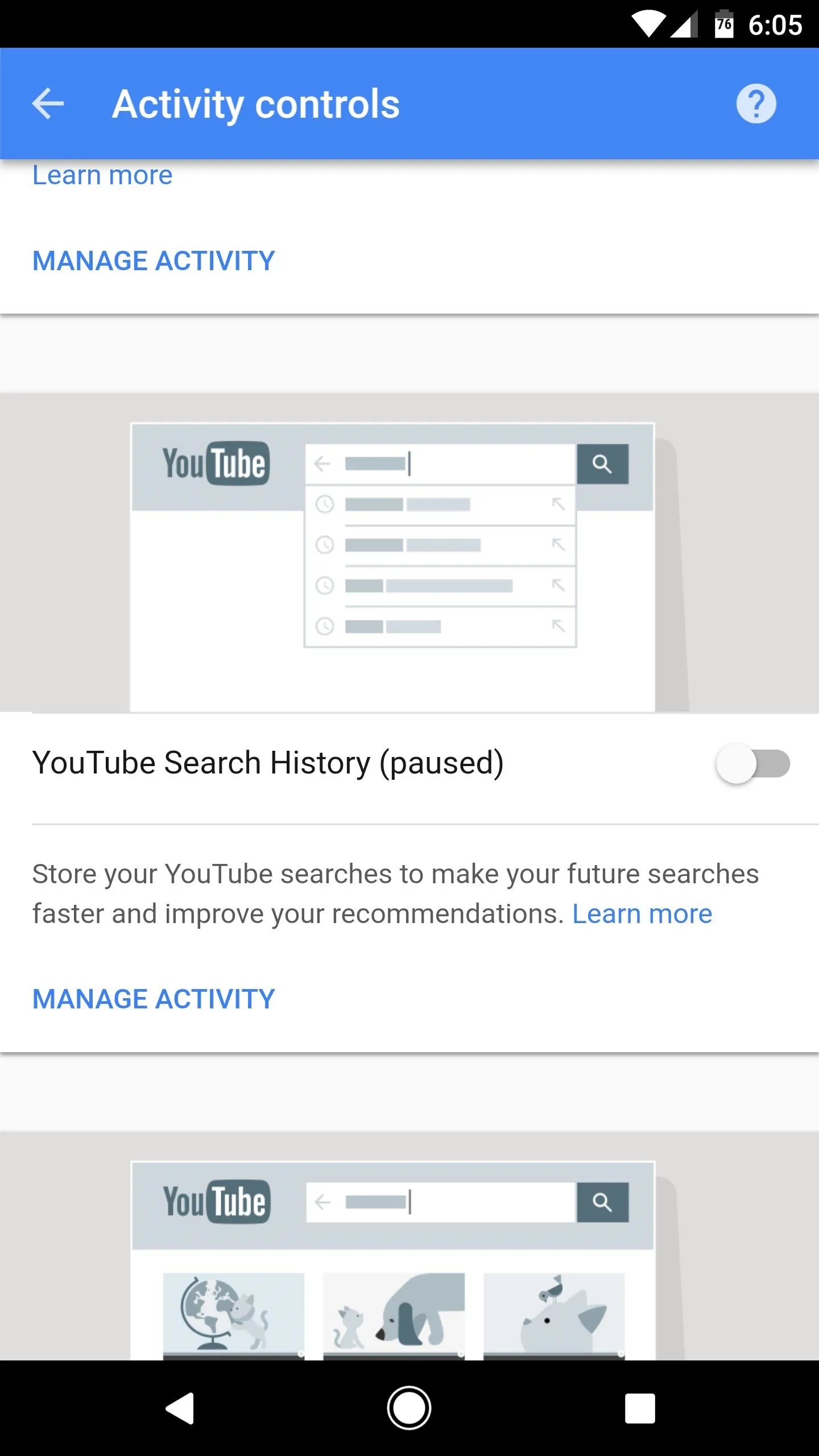 YouTube search history settings on a mobile device.