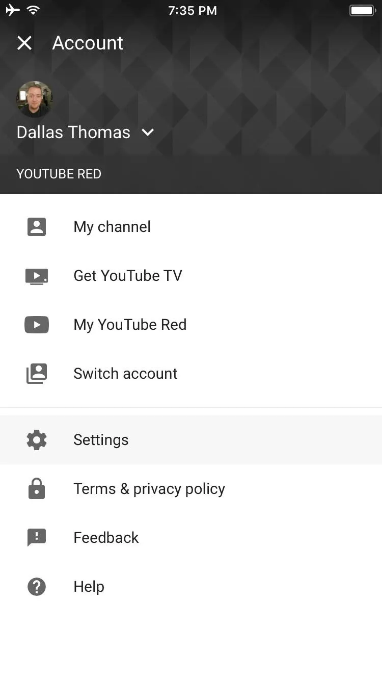 Account settings menu for a YouTube account.