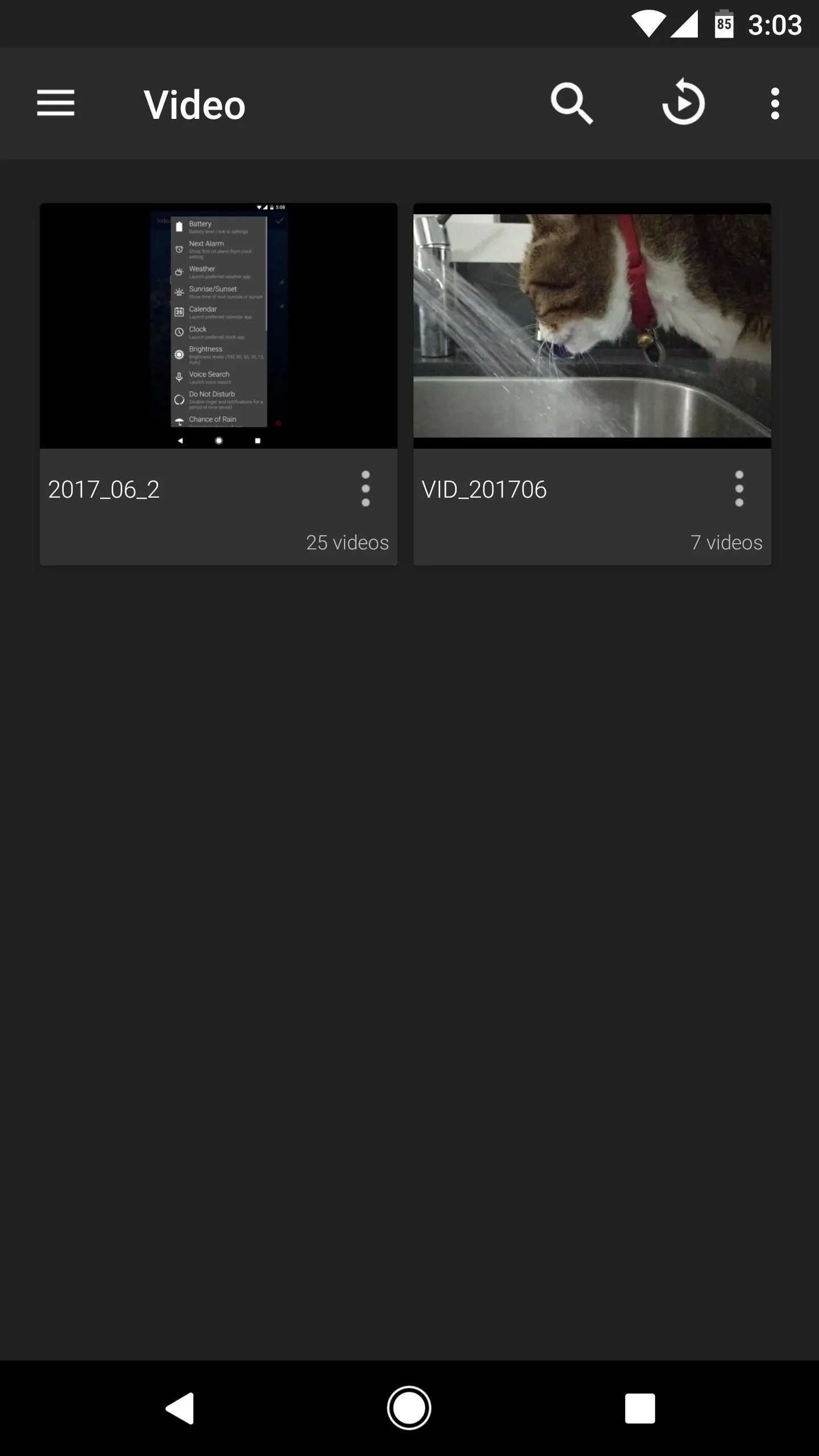 Video app interface displaying two video thumbnails.