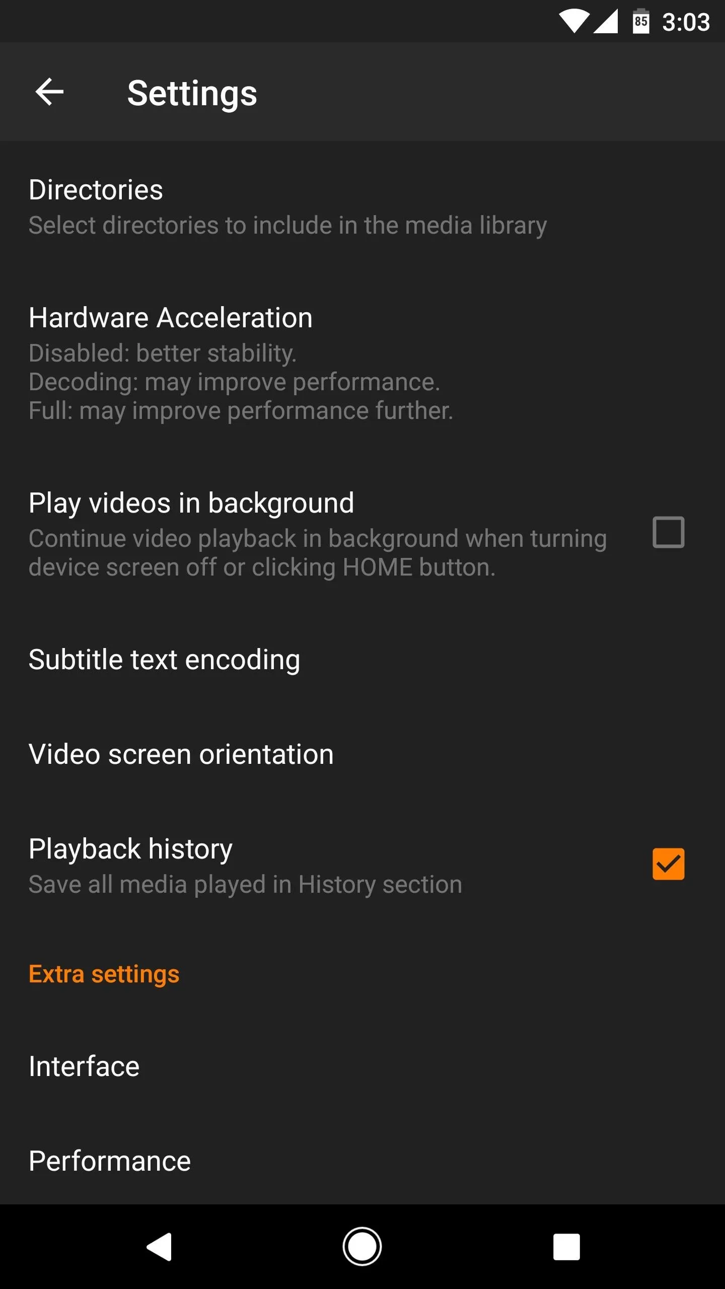 Settings menu with options for hardware acceleration, background playback, video content rating, and playback history.