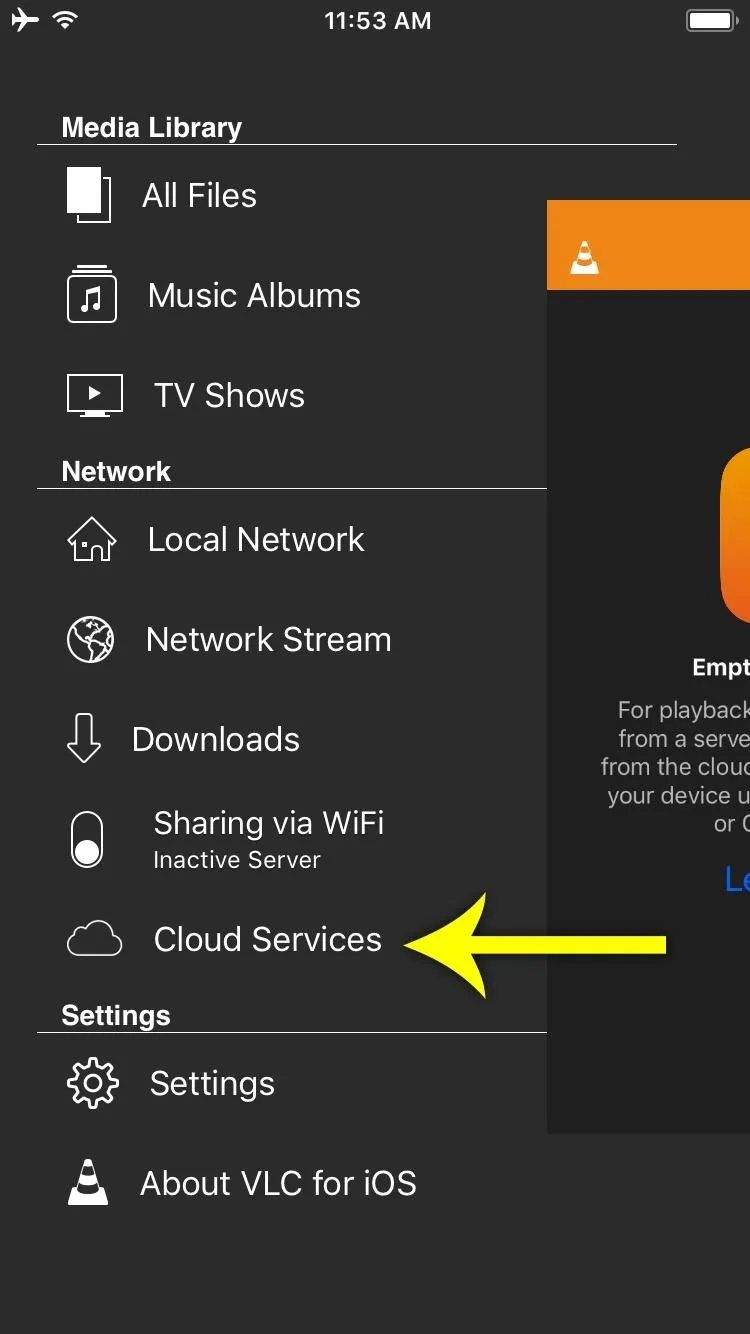 VLC app interface displaying "Cloud Services" option in the settings menu.