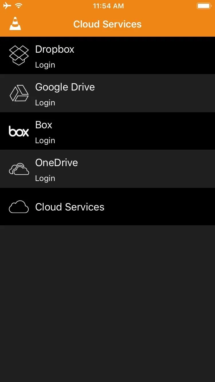 Cloud services login options including Dropbox, Google Drive, Box, and OneDrive.