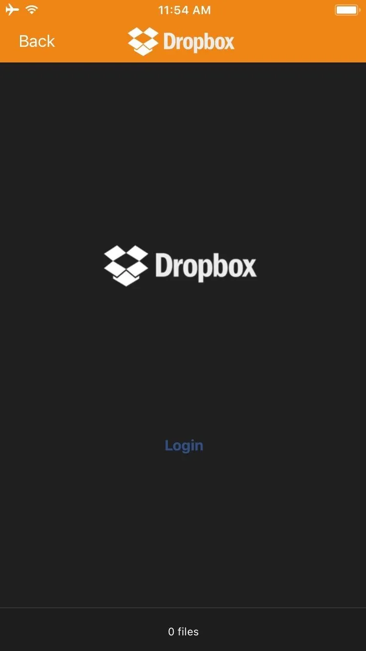 Dropbox app login screen.