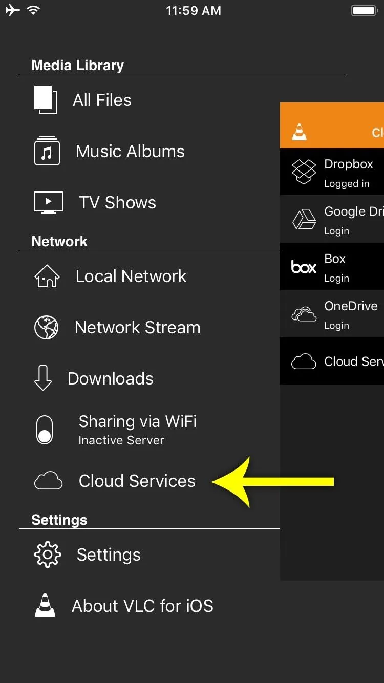 Cloud services menu in a media library app on a mobile device.