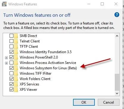 Windows Features dialog showing optional Windows components with checkboxes.