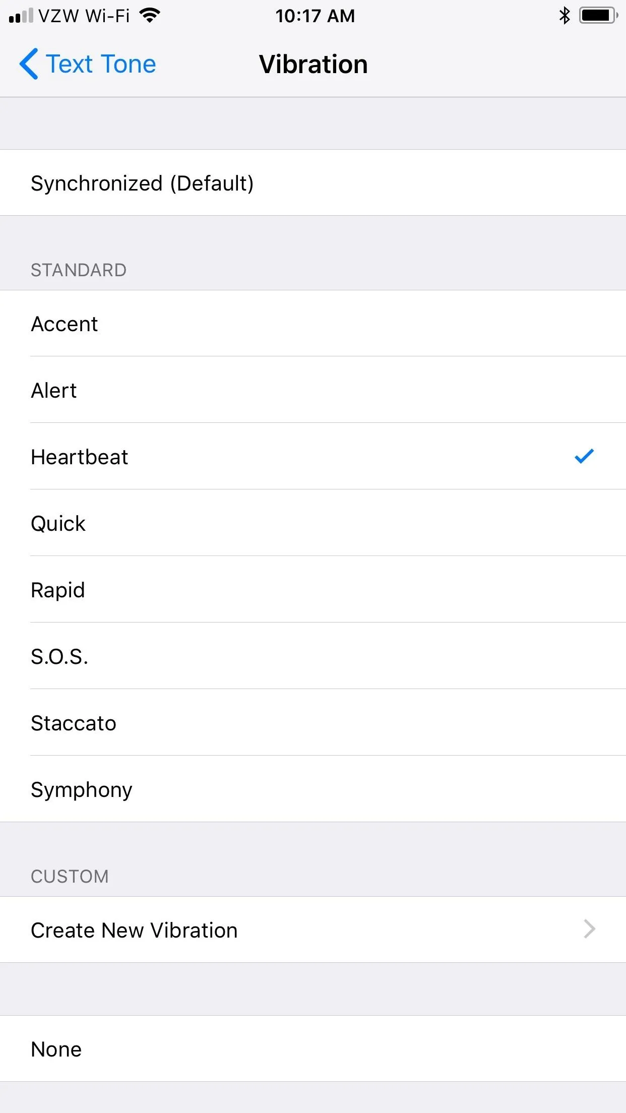 Vibration settings menu on a mobile device.