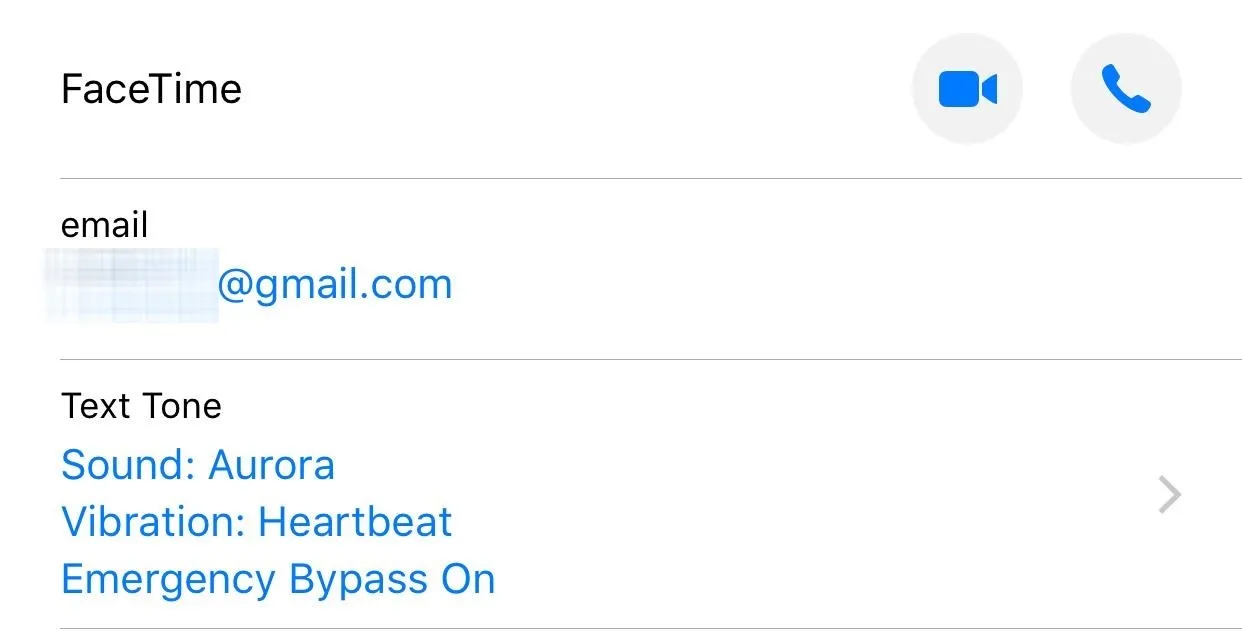 Screenshot of FaceTime settings showing email, text tone options, and emergency bypass settings.