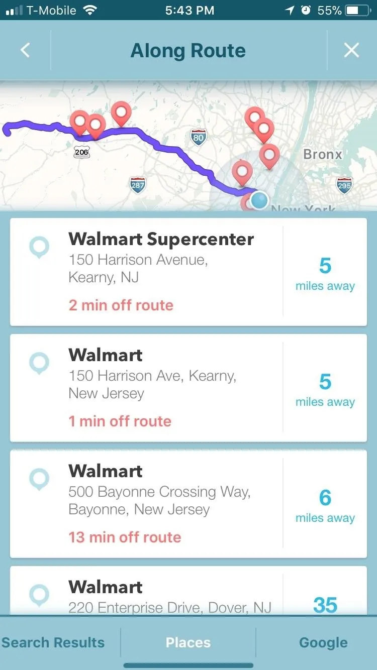 Map displaying a route with marked locations, including Walmart stores.