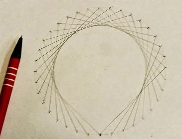 Geometric drawing of a circular shape with radiating lines, accompanied by a red pencil.