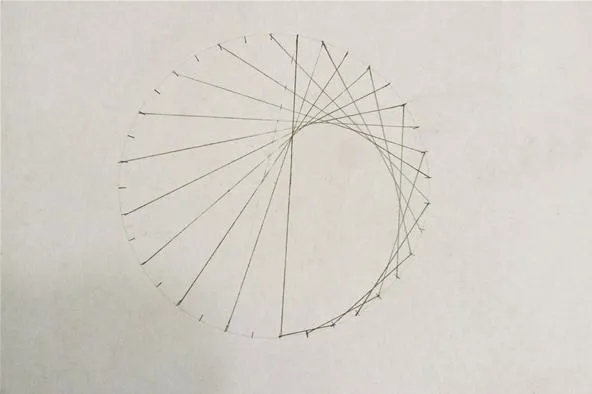 Geometric diagram of a circle with radius lines drawn at various angles.