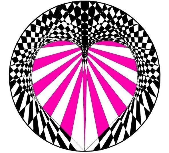 Abstract geometric design featuring a pink heart shape surrounded by black and white checkered patterns and rays.