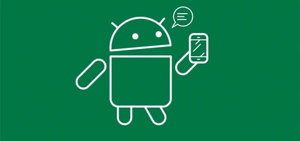 Android robot holding a smartphone.
