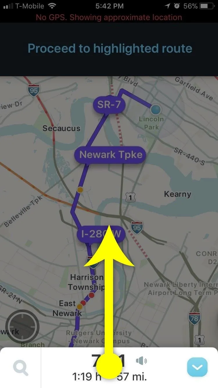 Navigation map indicating a highlighted route with an arrow pointing the direction.