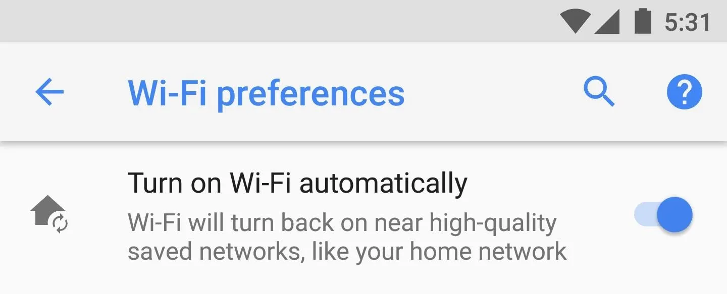 Wi-Fi preferences settings menu with option to turn on Wi-Fi automatically.