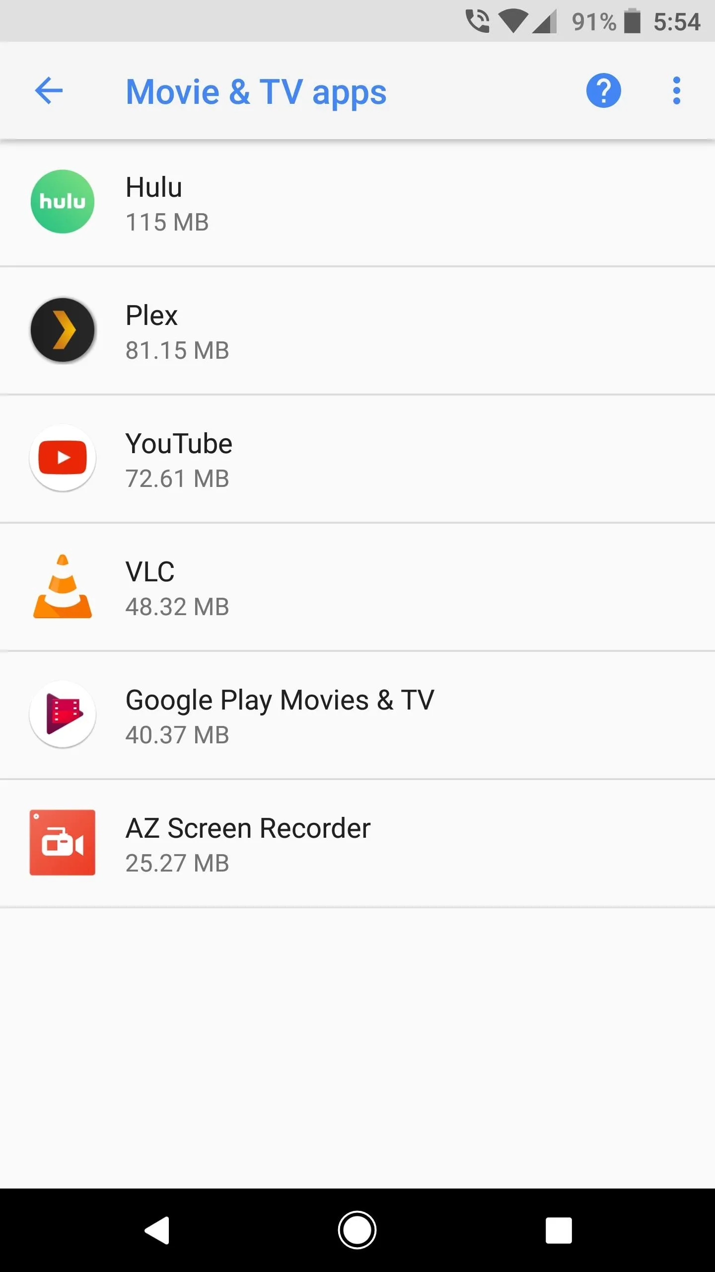 List of movie and TV apps on a mobile device.