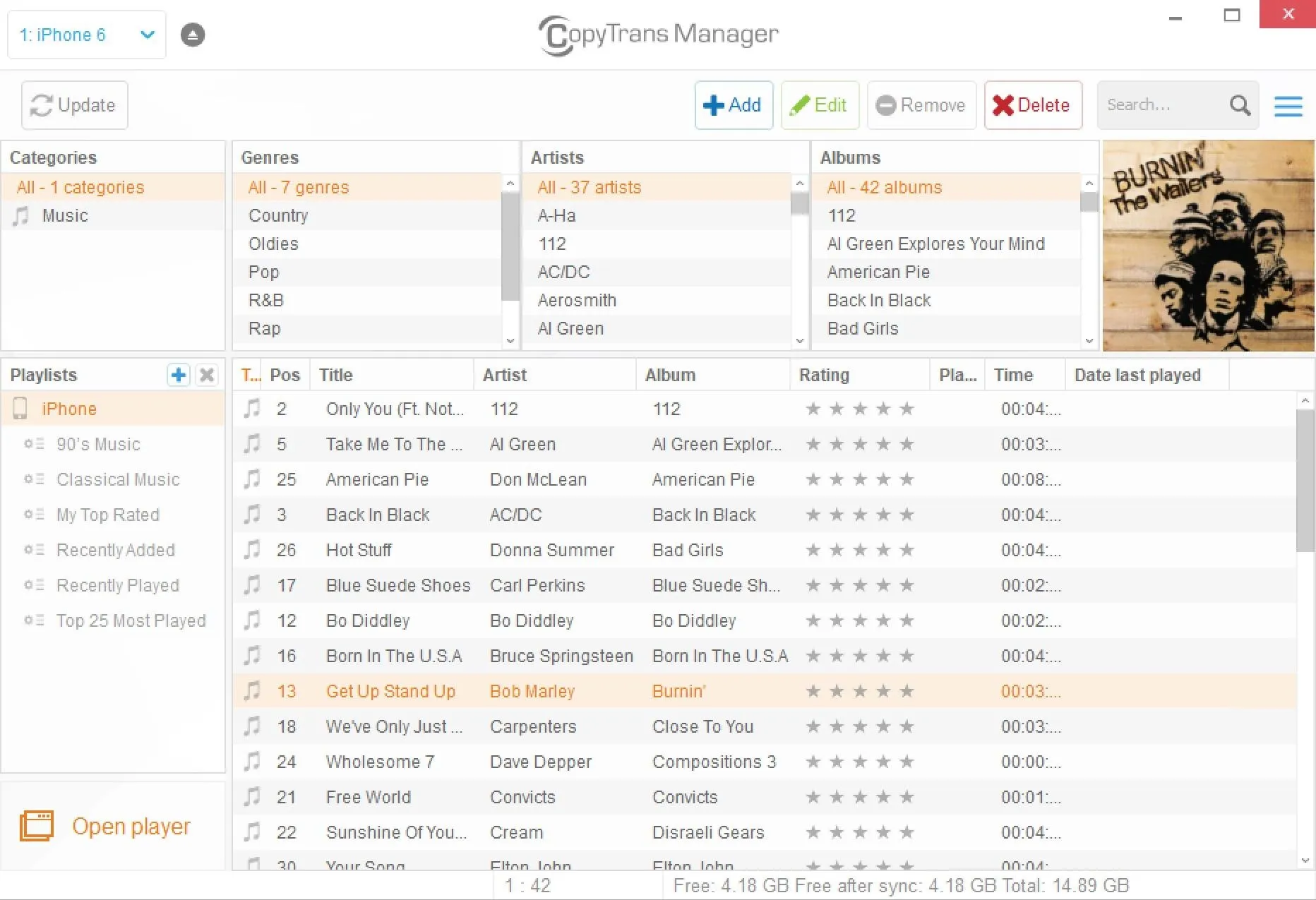 Music library management software interface displaying song details and album artwork.