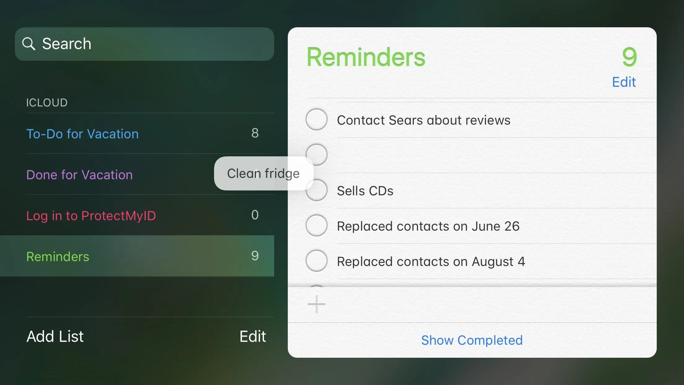 A digital reminders list with tasks for cleaning and contacting others.