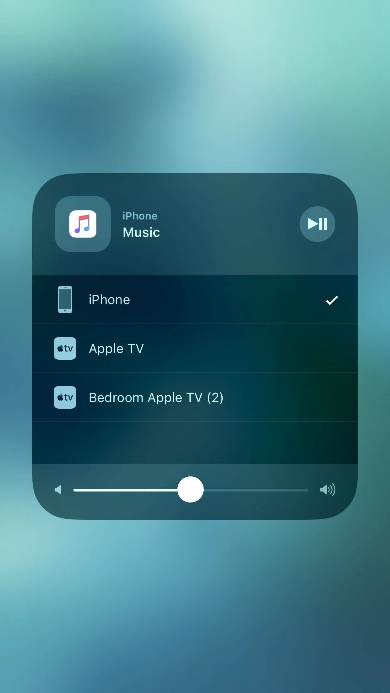 Music control interface showing options for iPhone and Apple TV.