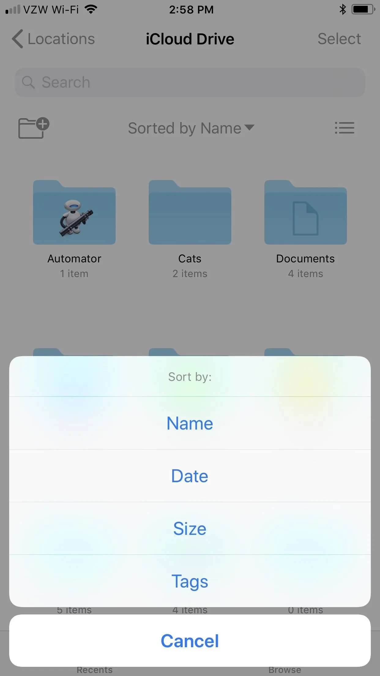 Screenshot of a mobile app displaying a file management interface with options to sort files by name, date, type, and a cancel option.