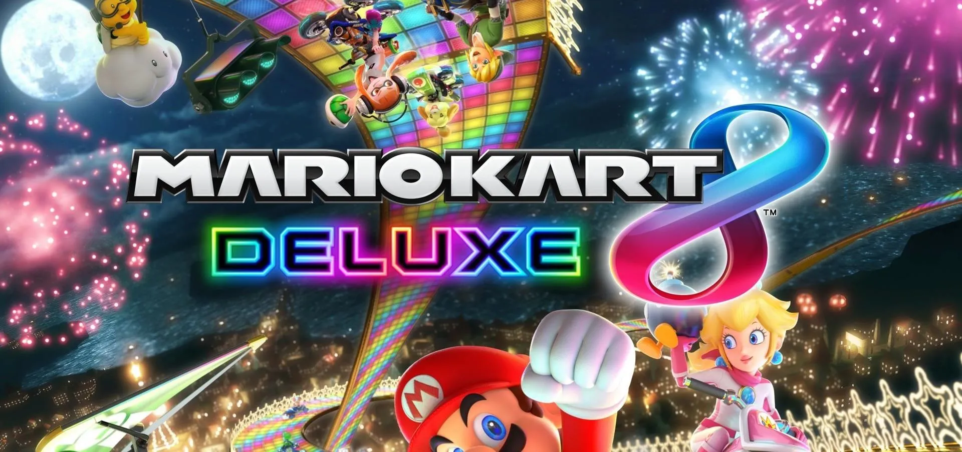 Mario Kart 8 Deluxe cover art featuring colorful characters and vibrant track designs.