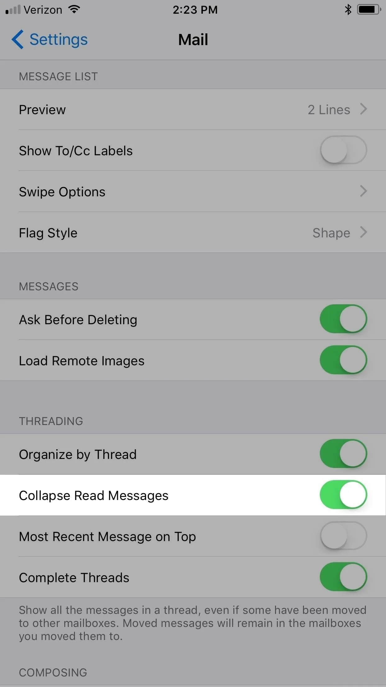 Settings menu for a messaging application on a smartphone.