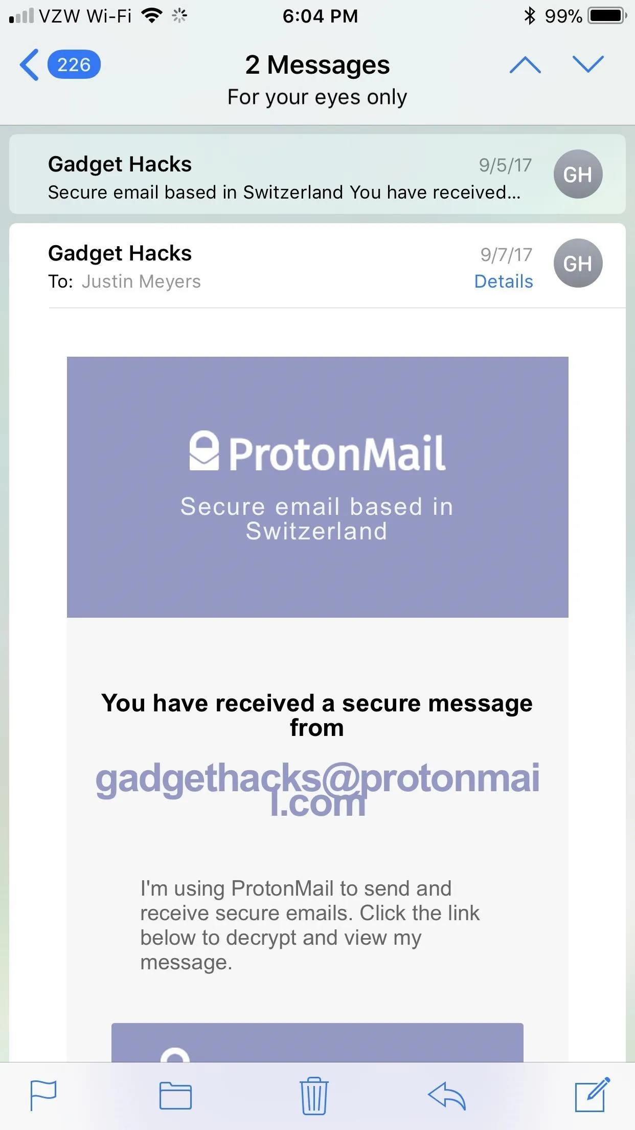 Screenshot of a ProtonMail message from gadgetback@protonmail.com.