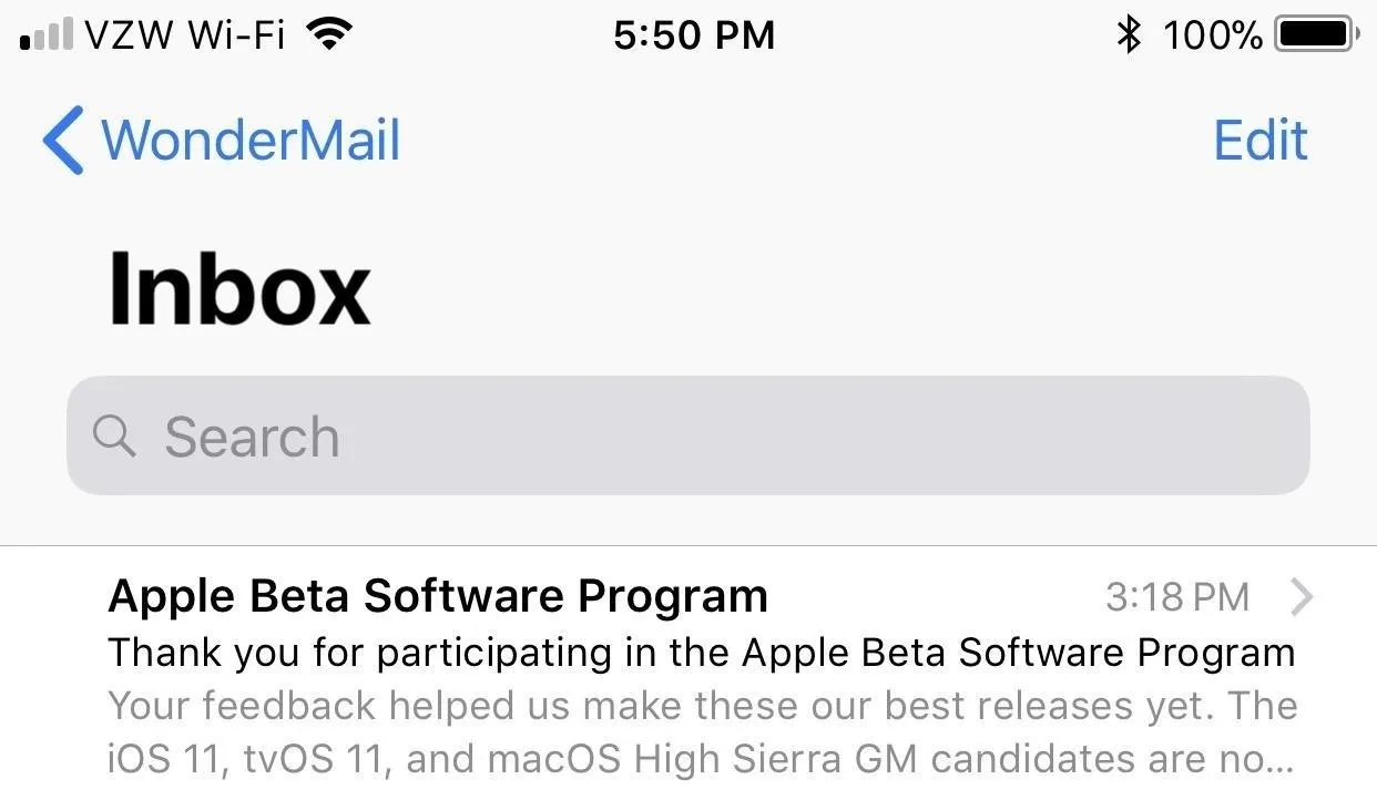 Apple Beta Software Program email notification on a mobile device.