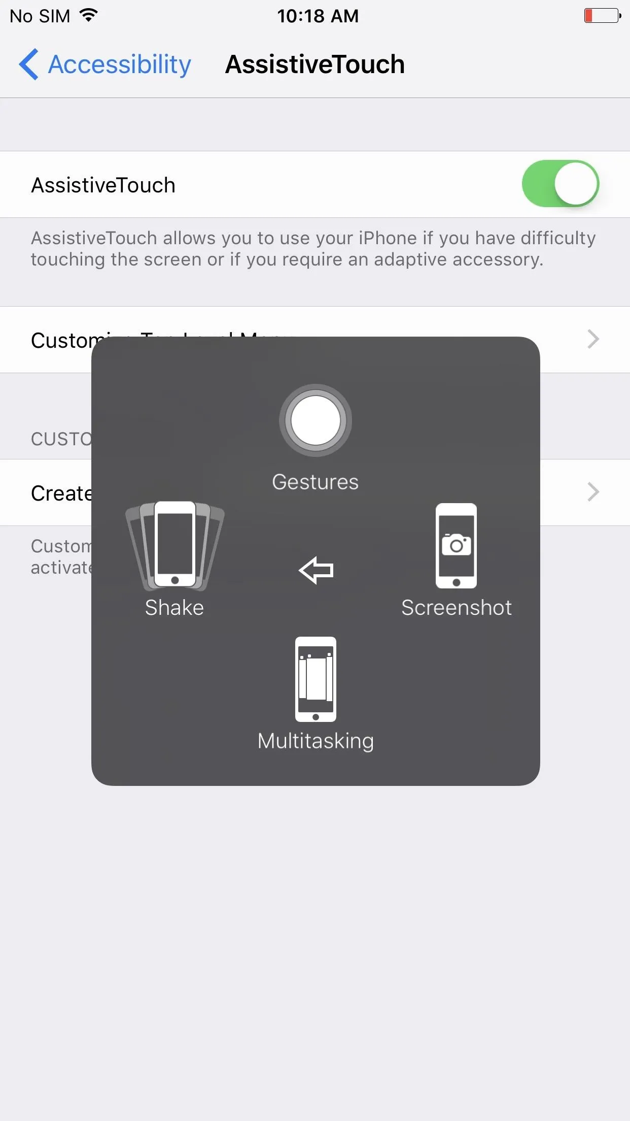 Accessibility settings for AssistiveTouch on a mobile device.